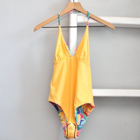 MARINE LAYER Plunge One Piece Swimsuit in Yellow Hibiscus Floral Size Small NWT - Picture 4 of 10